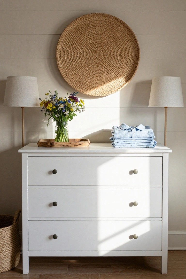 A white dresser with two matching lamps, a vase of flowers on a wooden tray, and a stack of folded blue clothing, with a large round woven basket mounted on the wall above.