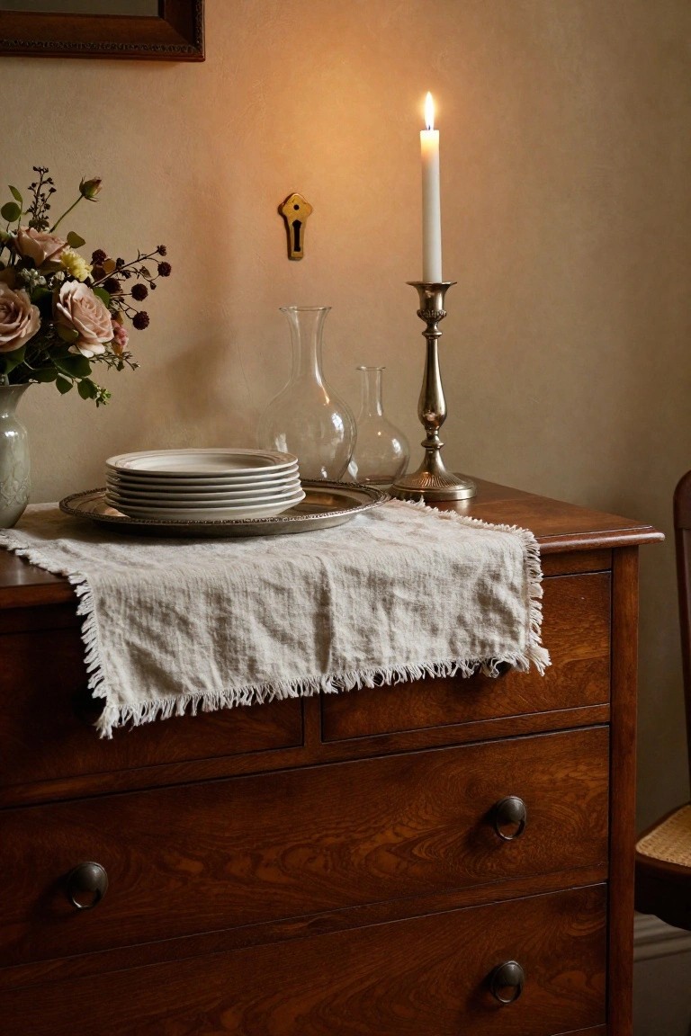 A wooden dresser with a white linen runner, stacked plates on a metal tray, glass vases, a lit candle in a brass holder, and a vase of flowers.