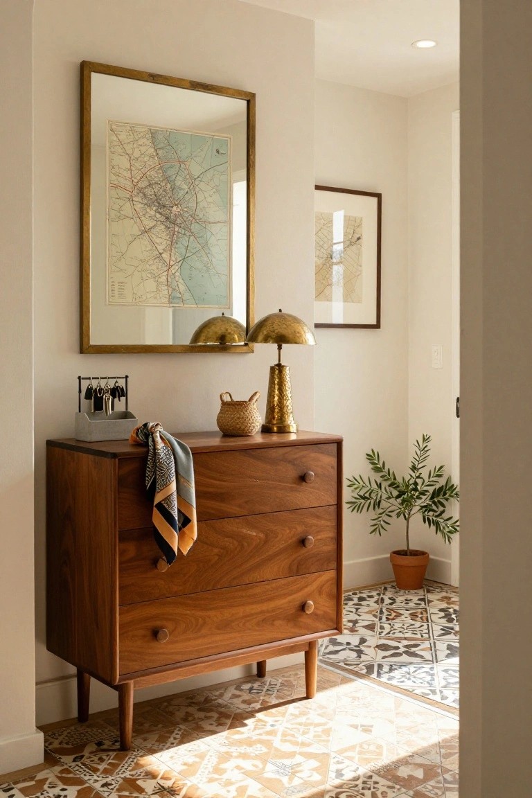 A wooden three-drawer dresser with a patterned scarf draped over the left side, a brass lamp, and a small woven basket on top, beneath a large framed map in a light hallway.