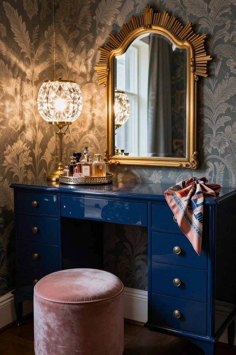 A glossy blue vanity dresser topped with perfume bottles on a tray and a crystal lamp, with a large ornate gold mirror mounted above it.