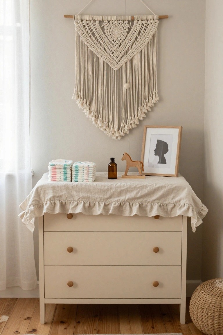 Cream dresser with macrame wall hanging, diapers, wooden toys, and framed silhouette.