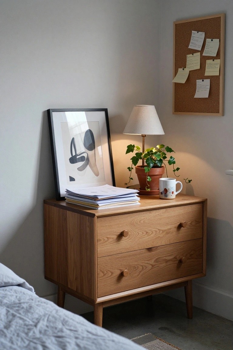 Wooden dresser with lamp, plant, framed art, and corkboard nearby.