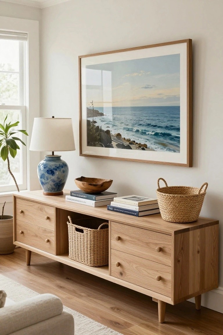Wooden console with drawers, lamp, baskets, and coastal artwork on white wall.