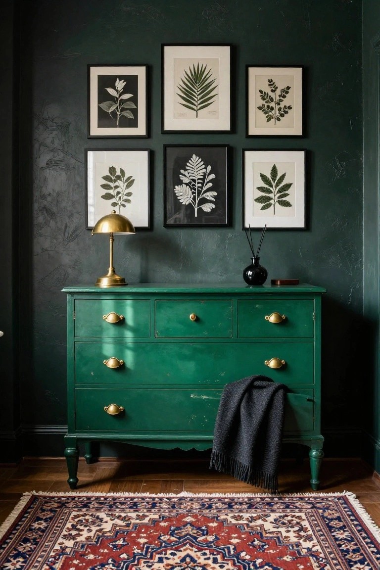 A green painted dresser with gold hardware stands against a dark green wall, topped with a brass lamp and a black vase, and six framed botanical prints arranged above it.