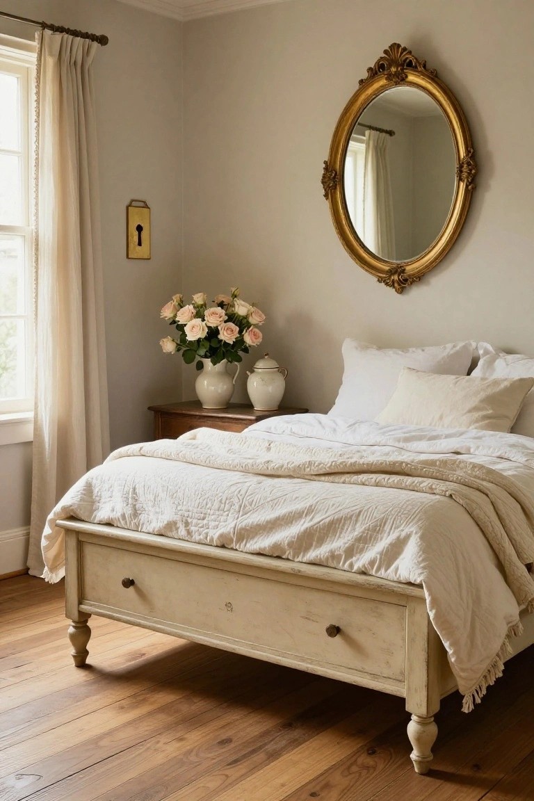 Cozy bedroom with white linens, antique gold mirror, and pink roses.