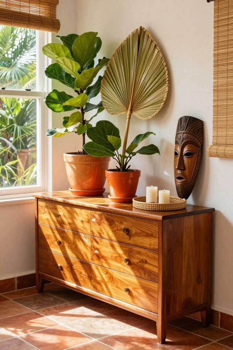 A wooden dresser against a white wall holds two terracotta pots with large green plants, a woven tray with candles, and has a dried palm leaf and wooden mask mounted above it.