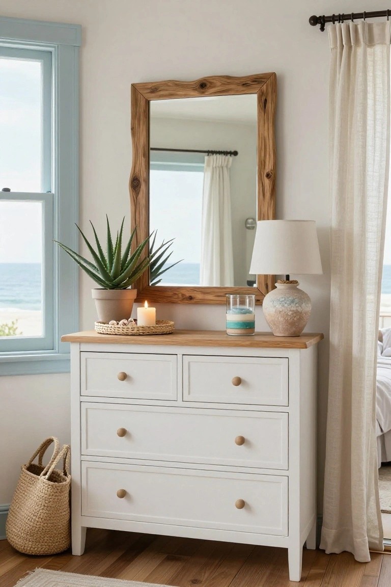 A white dresser with a wood top holds a potted aloe plant, lit candle on a tray, layered sand jar, and ceramic lamp, with a large wood-framed mirror above it in a bright room.