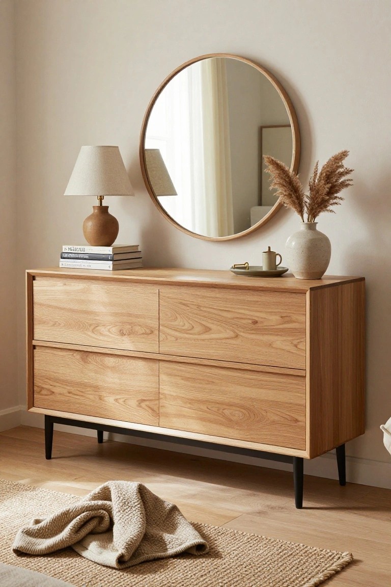 Wooden dresser with round mirror, lamp, books, and vase of dried grass.