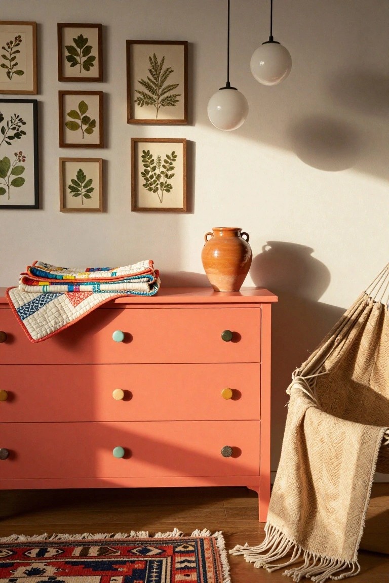 Coral dresser with colorful quilt, pottery, framed botanicals, and hanging chair.