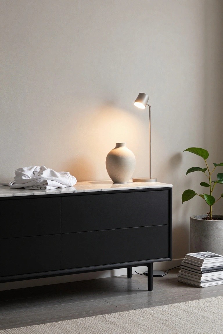 A black dresser with a marble top is styled with a folded cloth, a ceramic vase, and a modern desk lamp beside a potted plant and a stack of books.