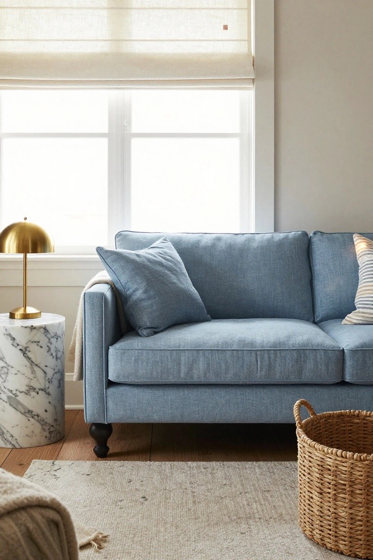 Blue linen-upholstered sofa with pillows, throw blanket, and striped pillow in a light living room next to a gold lamp on marble side table, with sheer linen window shades and wicker basket on seagrass rug.