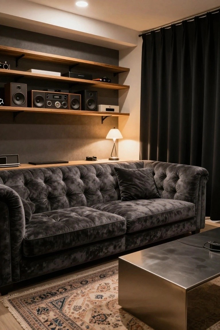 Charcoal gray tufted velvet sofa in a modern room with wooden floating shelves holding audio equipment and speakers, black curtains, brass table lamp, metal coffee table, and Persian-style rug on wood floor.