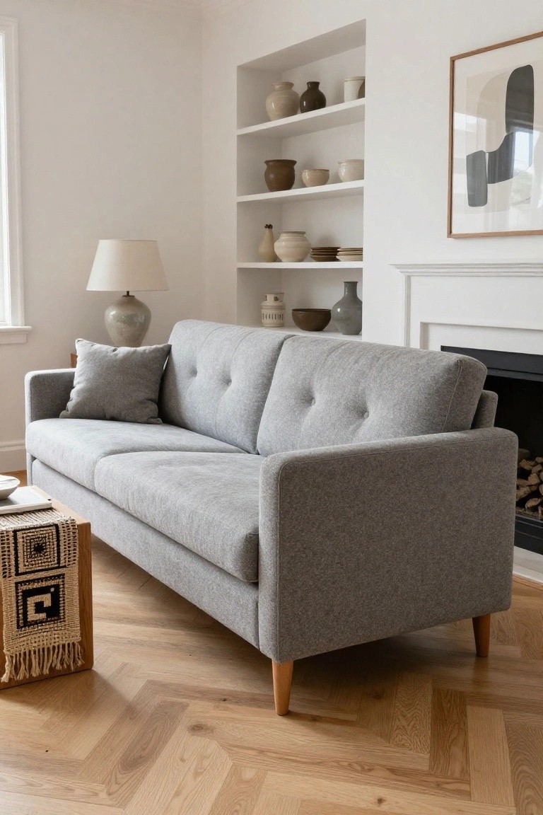 Gray fabric three-seater sofa with button tufting and wooden legs in a living room featuring white walls, built-in shelves with pottery, a lamp, coffee table with woven textiles, and a fireplace with firewood.