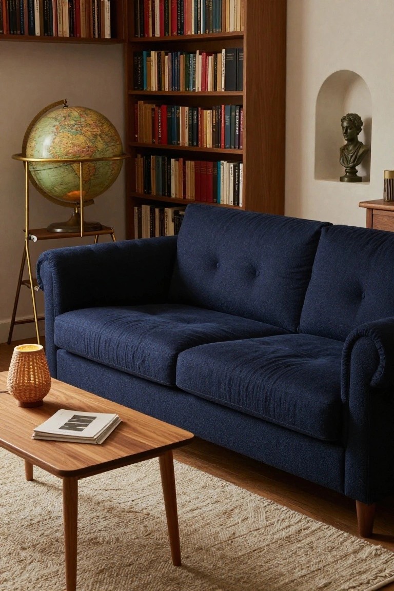 Navy blue tufted sofa in a wood-paneled library room with tall bookshelves, brass globe on stand, wooden coffee table holding magazines, woven rug, and side lamp.