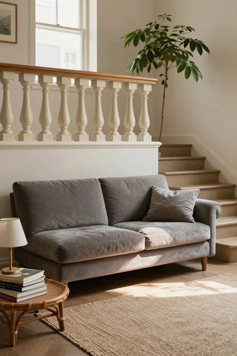 Gray velvet rolled-arm sofa positioned in a light interior beside wooden stairs with white balusters, a rattan side table with books and lamp in front, and a potted plant near the railing.