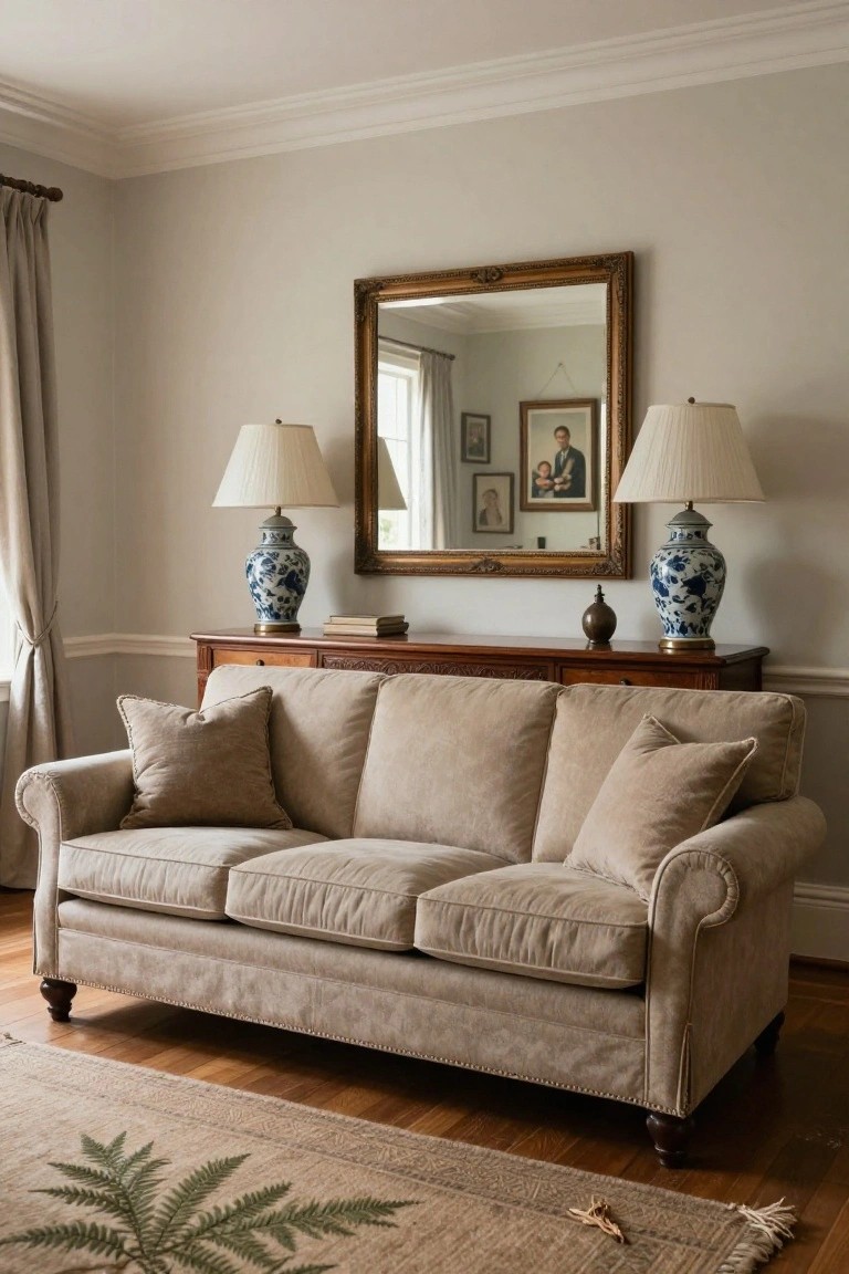Beige rolled-arm sofa in front of a wooden console table topped with blue and white porcelain lamps, books, and a small bronze jar, below a large ornate gold mirror on pale gray walls with beige curtains and a fern-patterned rug.
