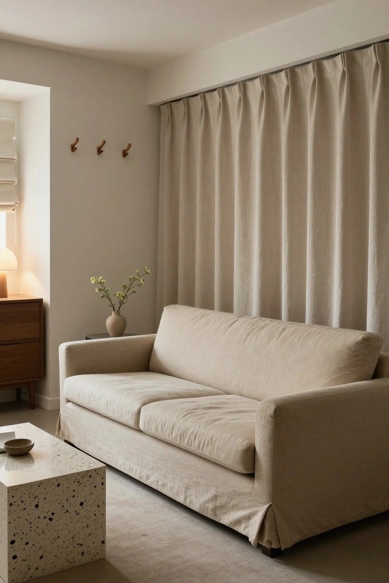 Beige slipcovered sofa with skirt in a neutral living room featuring linen curtains, a terrazzo coffee table, wooden hooks on the wall, and a side table with a vase of flowers.