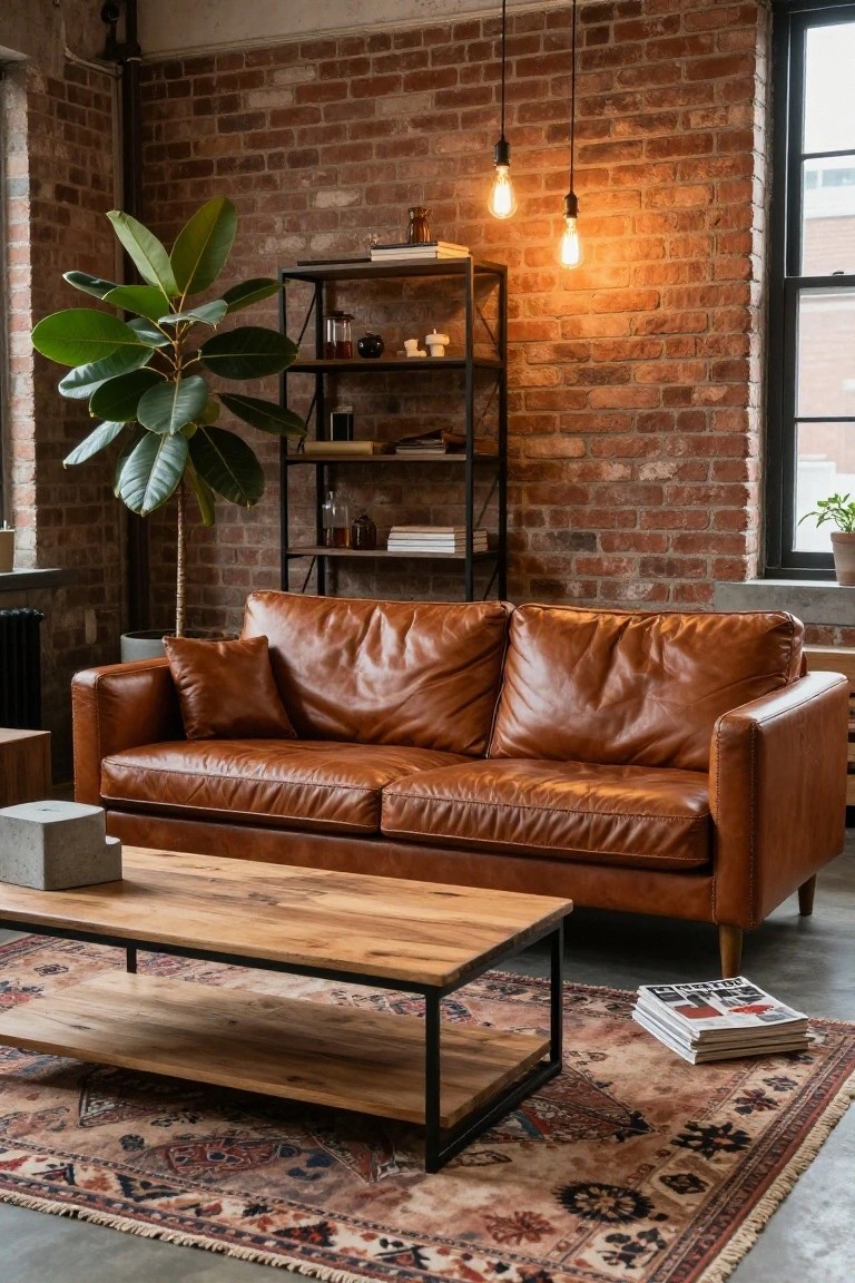Tan leather sofa on a patterned rug in a brick-walled room with metal shelves, wooden coffee table, hanging lights, and potted plants.