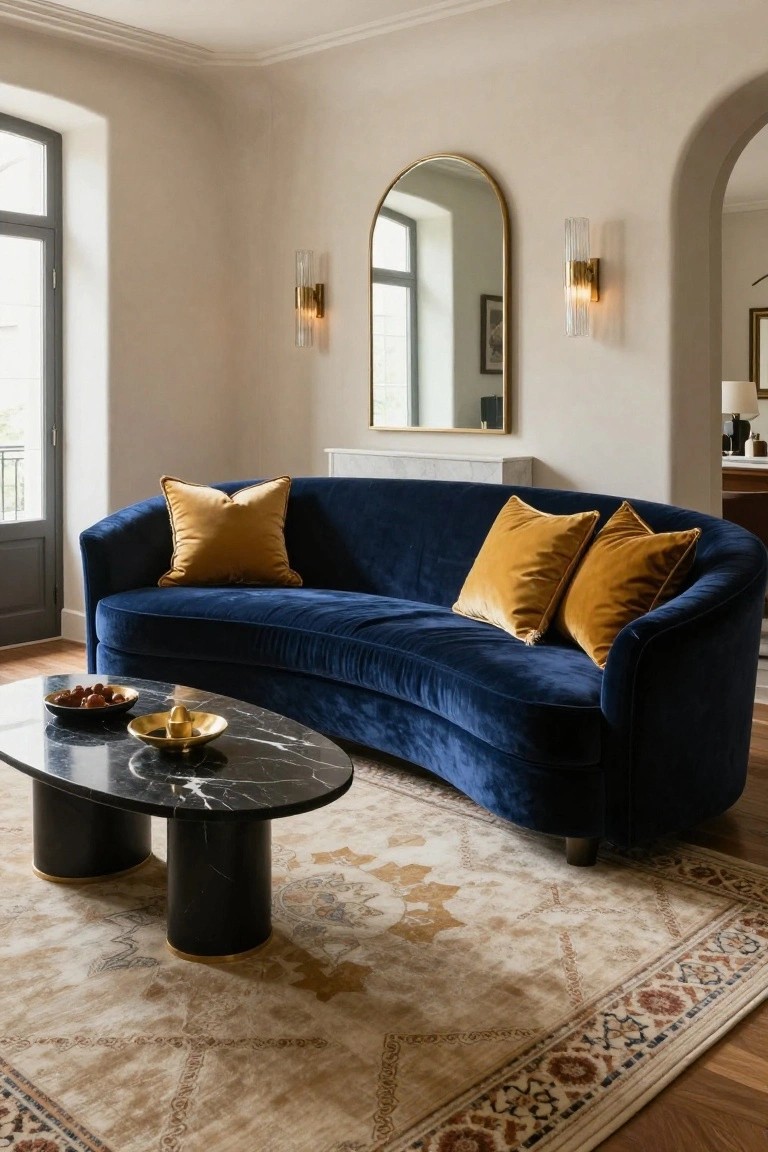 A curved navy blue velvet sofa with mustard yellow pillows on a beige rug in front of a black-based marble coffee table, in a light beige room with arched windows, gold mirror, and wall sconces.