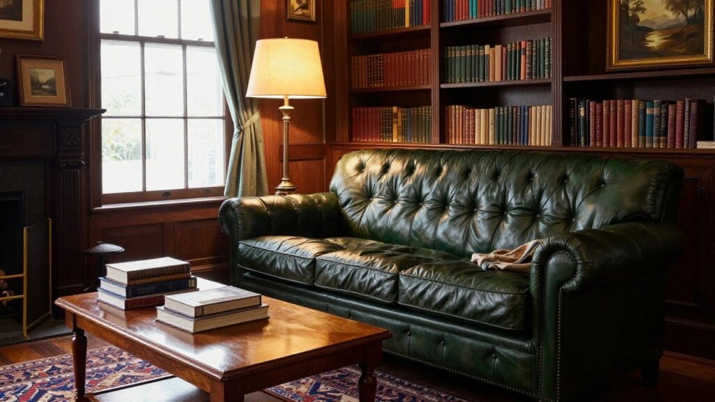 19 Classic Sofa Ideas That Never Go Out of Style Green tufted leather Chesterfield sofa in a traditional interior with wooden bookshelves, fireplace, wooden coffee table with stacked books, and window with sheer shade.
