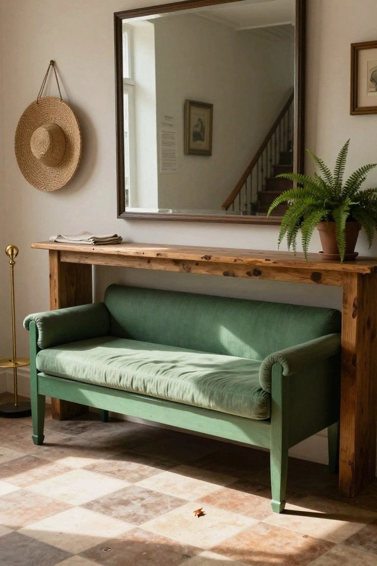 Entryway with a green upholstered bench sofa positioned under a long wooden console table topped with linens, beside a large framed mirror reflecting stairs, a hanging straw hat, gold floor lamp, and potted fern on checkered tile floor.