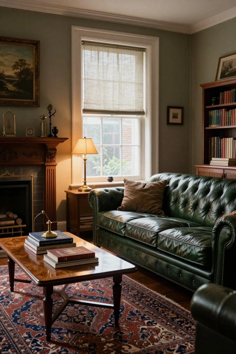 Green tufted leather Chesterfield sofa in a traditional interior with wooden bookshelves, fireplace, wooden coffee table with stacked books, and window with sheer shade.