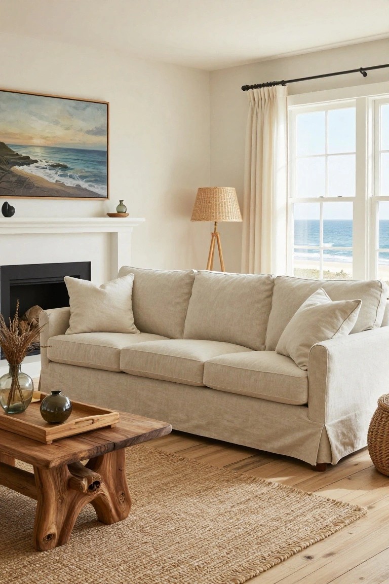 Light beige slipcovered three-seater sofa in a white-walled living room with ocean-view windows, rattan floor lamp, wooden coffee table, and white fireplace.