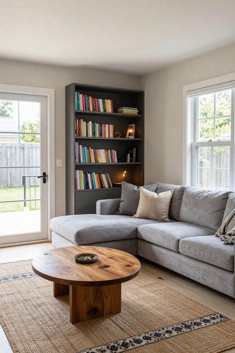 A gray L-shaped sectional sofa in a light-filled living room with dark bookshelves, wooden coffee table, seagrass rug, and windows to a backyard.