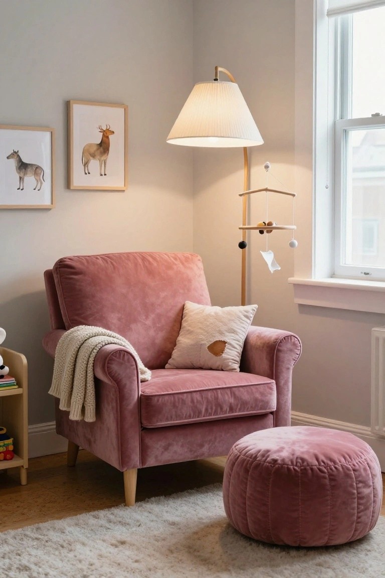 Pink velvet armchair with matching ottoman and cream throw blanket in a light gray nursery corner, with floor lamp, wooden toys, children's books, and deer artwork on walls near a window.