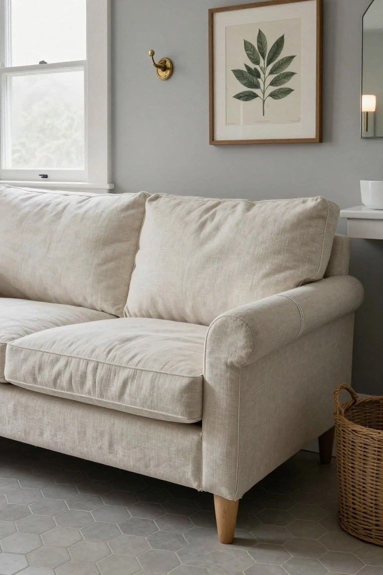 Cream linen sofa with rolled arms and wooden legs positioned against a light gray wall in a room with a window, brass wall hook, leaf print artwork, mirror, and hex tile floor.