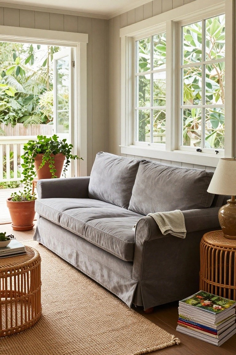 Gray slipcovered sofa in a light shiplap-walled room with large open windows showing tropical greenery, potted plants on the floor, rattan side tables, and stacked books nearby.