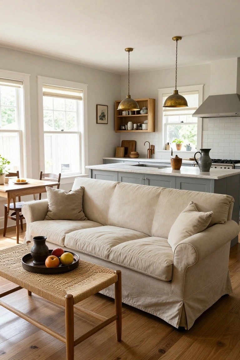 Open-plan interior with a beige slipcovered sofa facing a rattan coffee table with fruit, wooden dining table with chairs, and adjacent gray kitchen island under pendant lights.