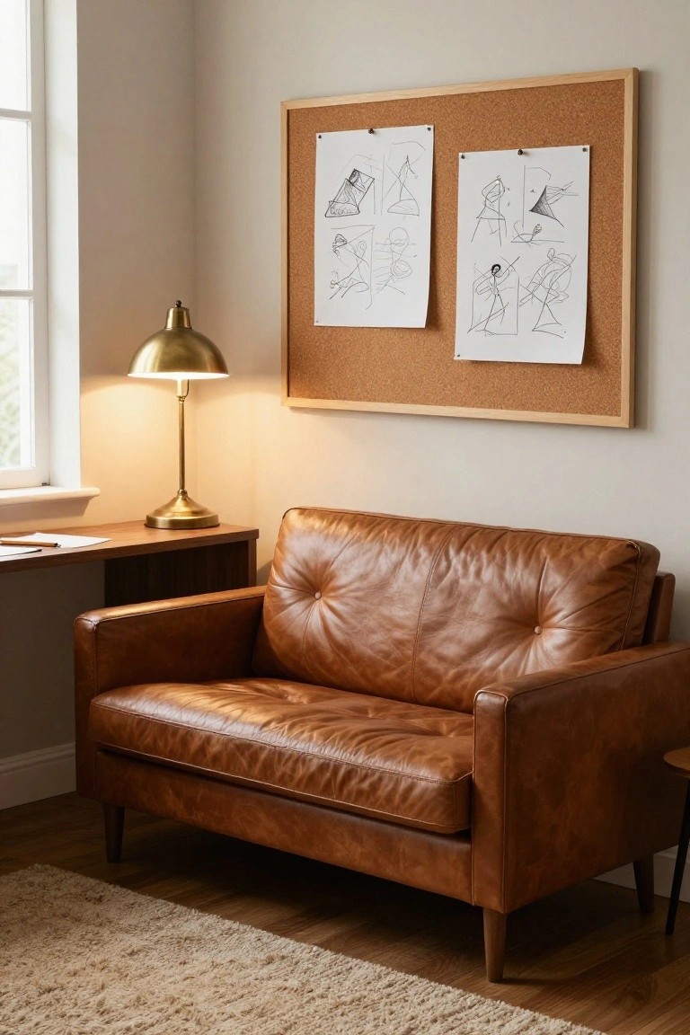 Cozy indoor room corner featuring a brown tufted leather loveseat, wooden desk with papers, brass desk lamp, and corkboard with pinned sketches on a beige wall next to a window.