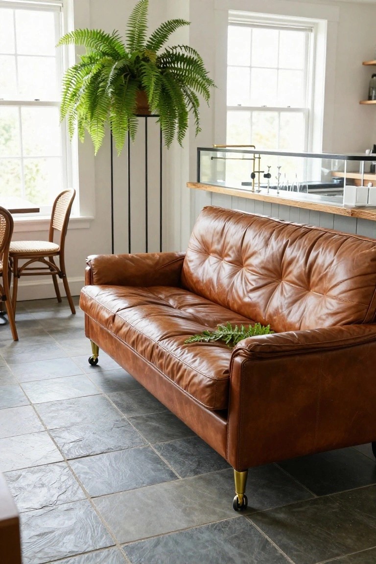 Tan button-tufted leather sofa with brass caster legs on a dark slate tile floor in a bright room with large windows, a tall potted fern plant, rattan dining chairs, and a kitchen bar counter.