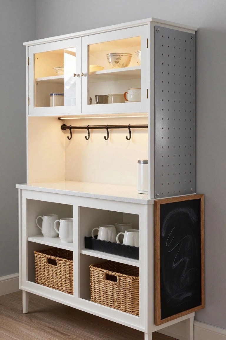 White kitchen hutch with glass cabinets, pegboard, chalkboard, and woven baskets.