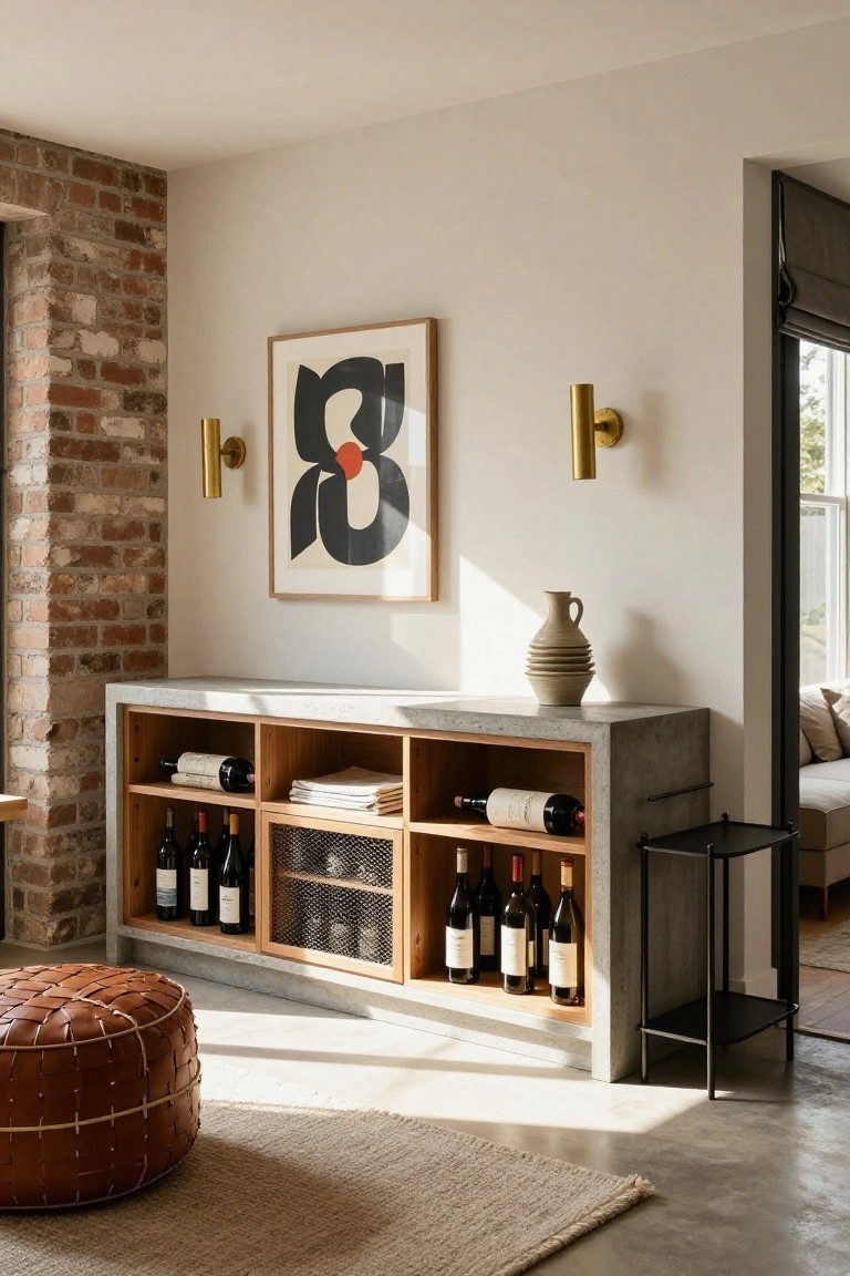 A long wooden and concrete sideboard with open compartments holding wine bottles, stacked papers, and a wire mesh section, set against a white wall with a framed abstract print above it.