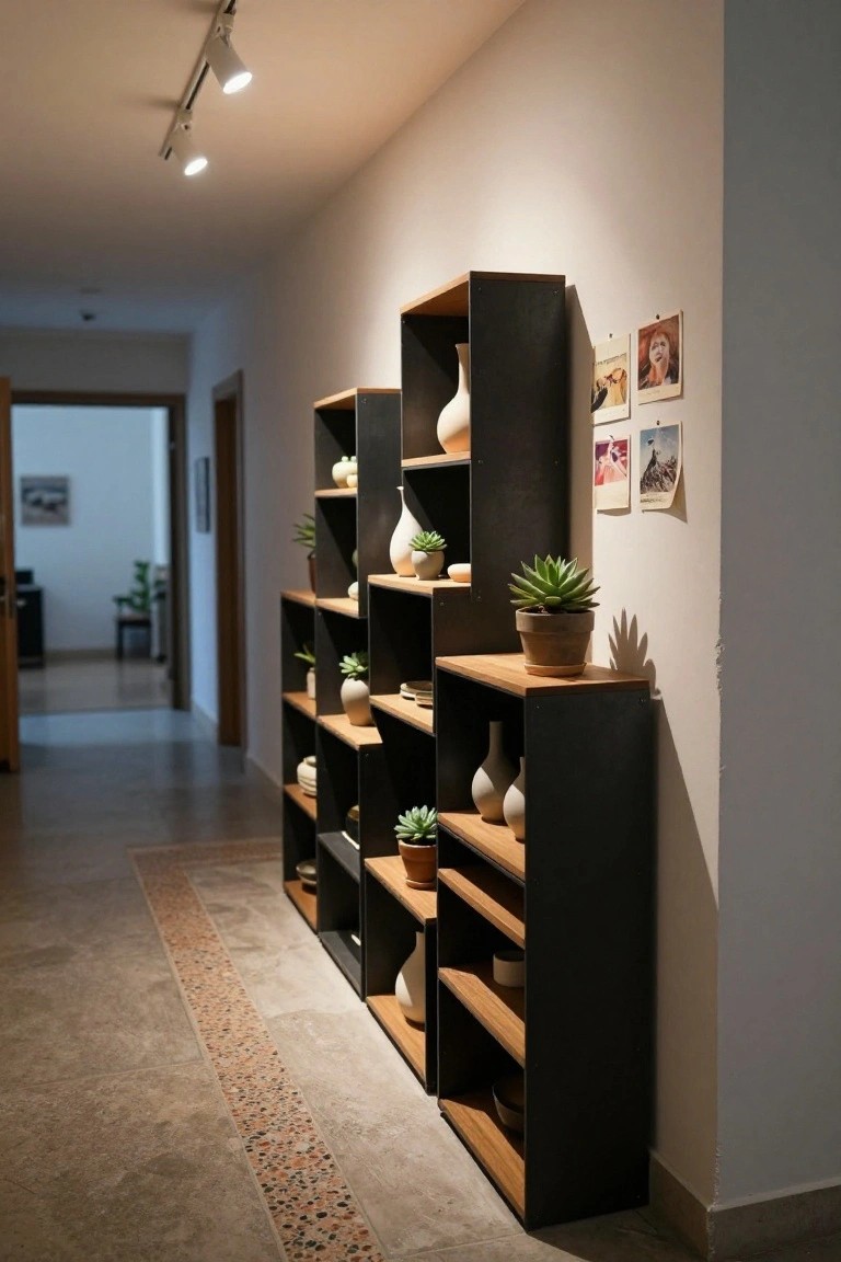 A long narrow hallway with a tall black and wood built-in shelving unit holding vases, potted plants, and small decorative items along one wall.