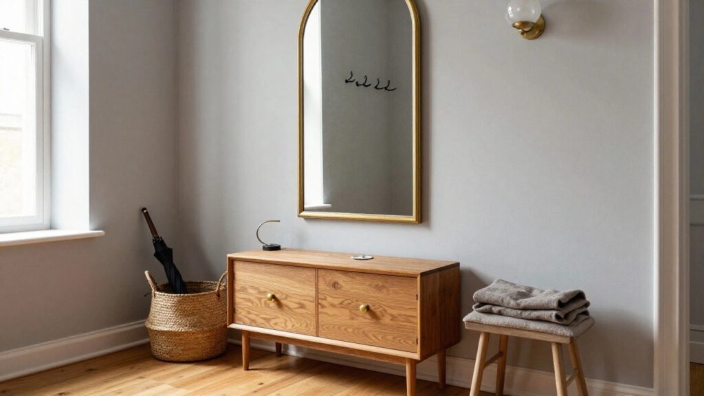 13 Clever Small Space Sideboard Ideas That Maximize Every Inch A narrow wooden sideboard with a single drawer and open lower shelves stands against a light gray wall beneath an arched mirror, with a woven basket and folded textiles to one side.
