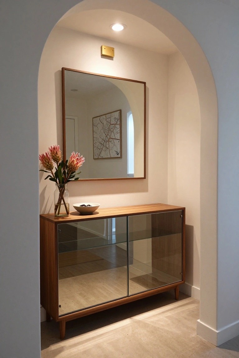 Wooden console with glass doors under arched alcove with mirror and flowers.