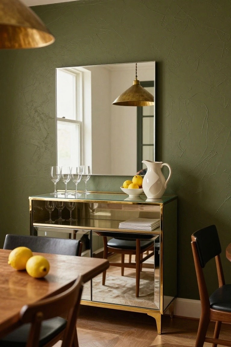 A mirrored sideboard with a glass top sits against an olive green wall in a dining room, holding wine glasses, a bowl of lemons, and a white pitcher, with a large mirror mounted above it.