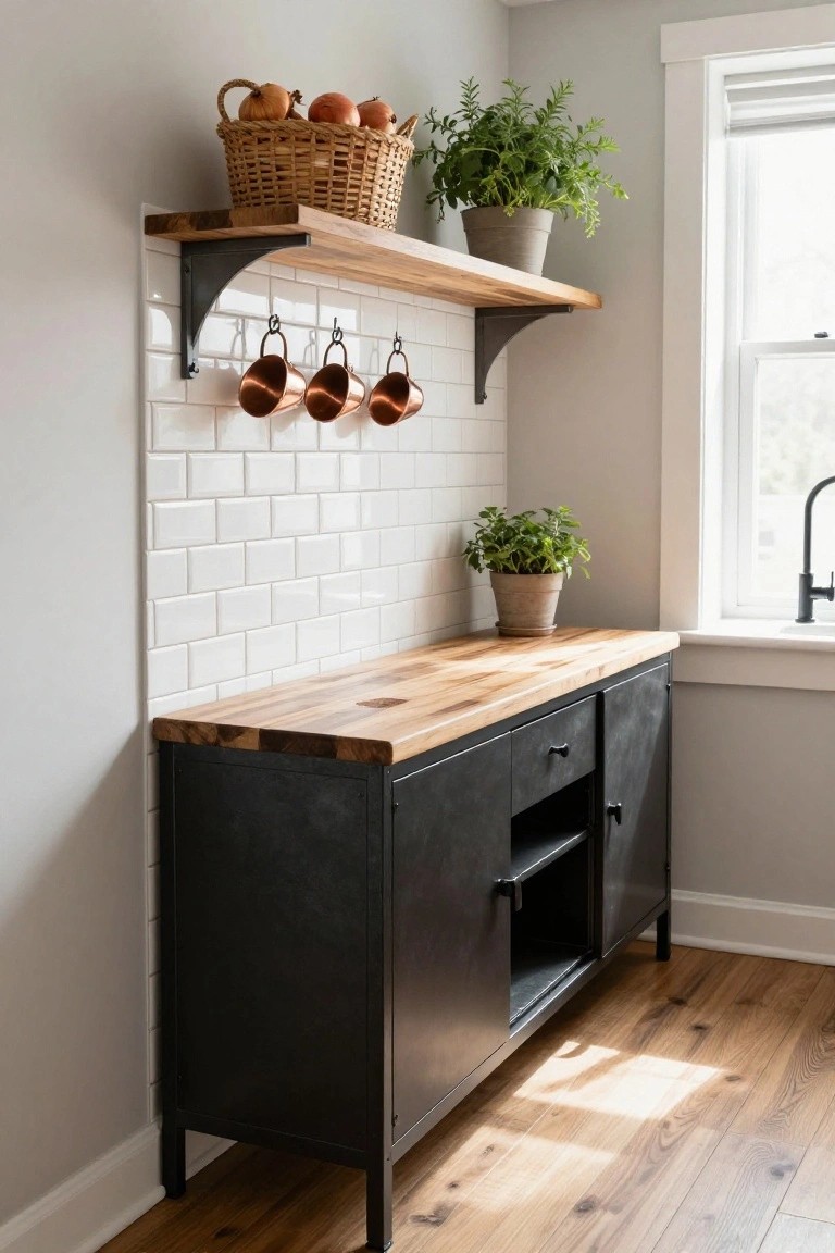 A black sideboard with a wood top and open shelving sits under white subway tile, with two wooden wall shelves above holding a basket and plants, and copper mugs hanging from the lower shelf.