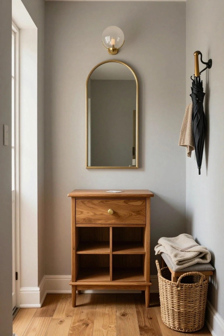 A narrow wooden sideboard with a single drawer and open lower shelves stands against a light gray wall beneath an arched mirror, with a woven basket and folded textiles to one side.