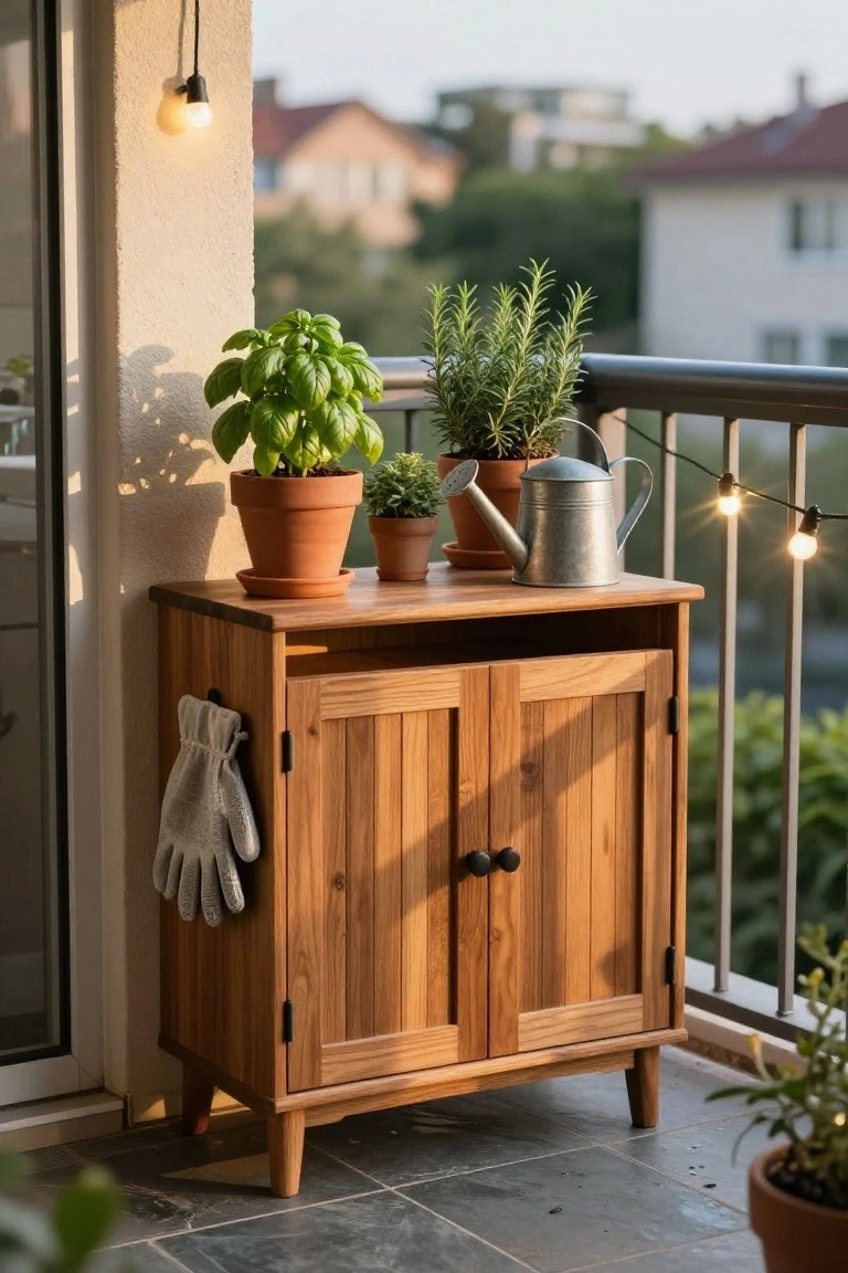 A wooden sideboard sits on a tiled balcony with potted plants and a watering can on top and gardening gloves hanging from one side.