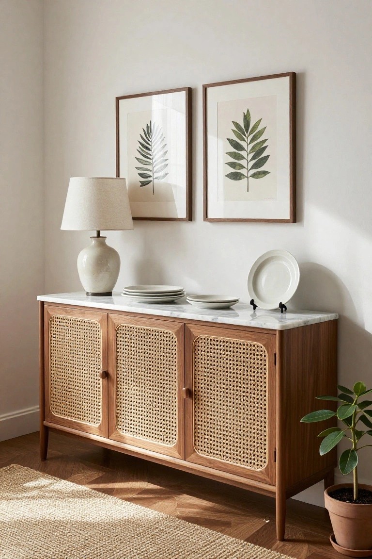 Mid-century wooden sideboard with cane doors, marble top, and decor.