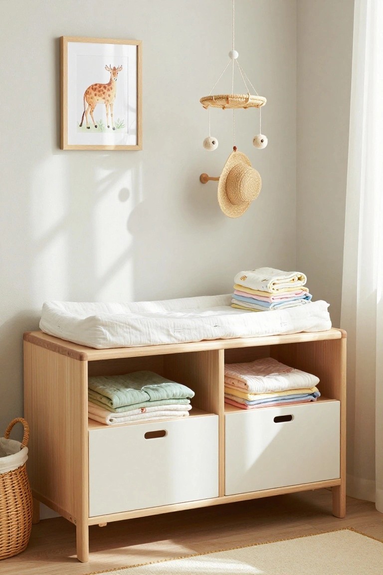 A light wood sideboard with a white changing pad on top, open cubbies holding folded baby clothes, and two white drawers below.