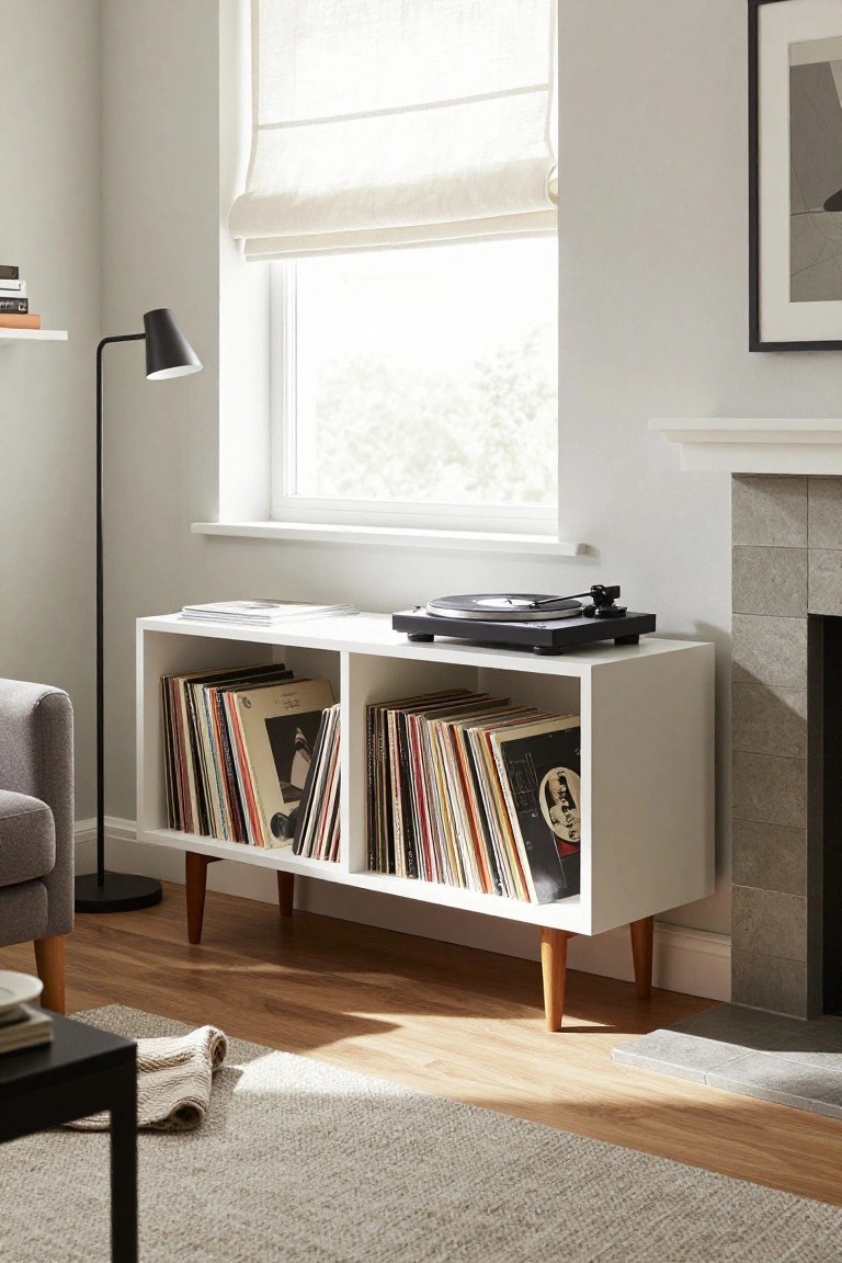 White record console with vinyls and turntable by window.