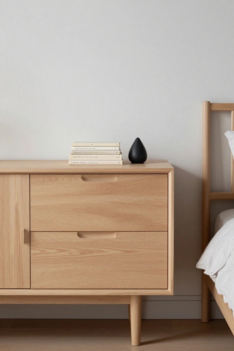 Wooden nightstand with stacked books and black vase beside bed.