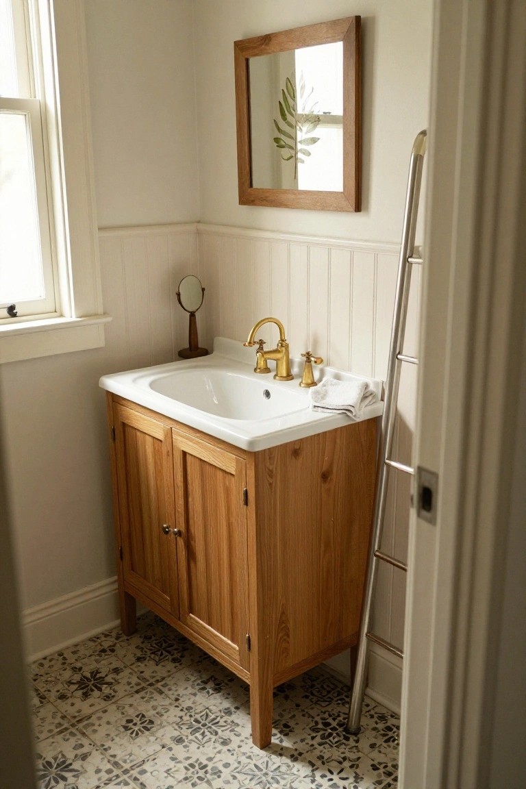 A small bathroom with a white sink set into a light wood cabinet, brass faucet, small round mirror on the wall, and patterned tile floor.