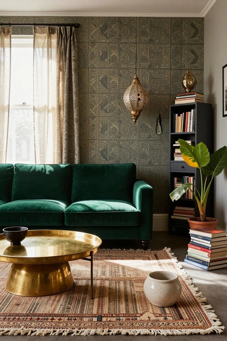 A green velvet sectional sofa faces a large brass pedestal coffee table with a black bowl on top, set on a colorful patterned rug in a room with geometric green wallpaper, bookshelves, plants, and sheer curtains over a window.
