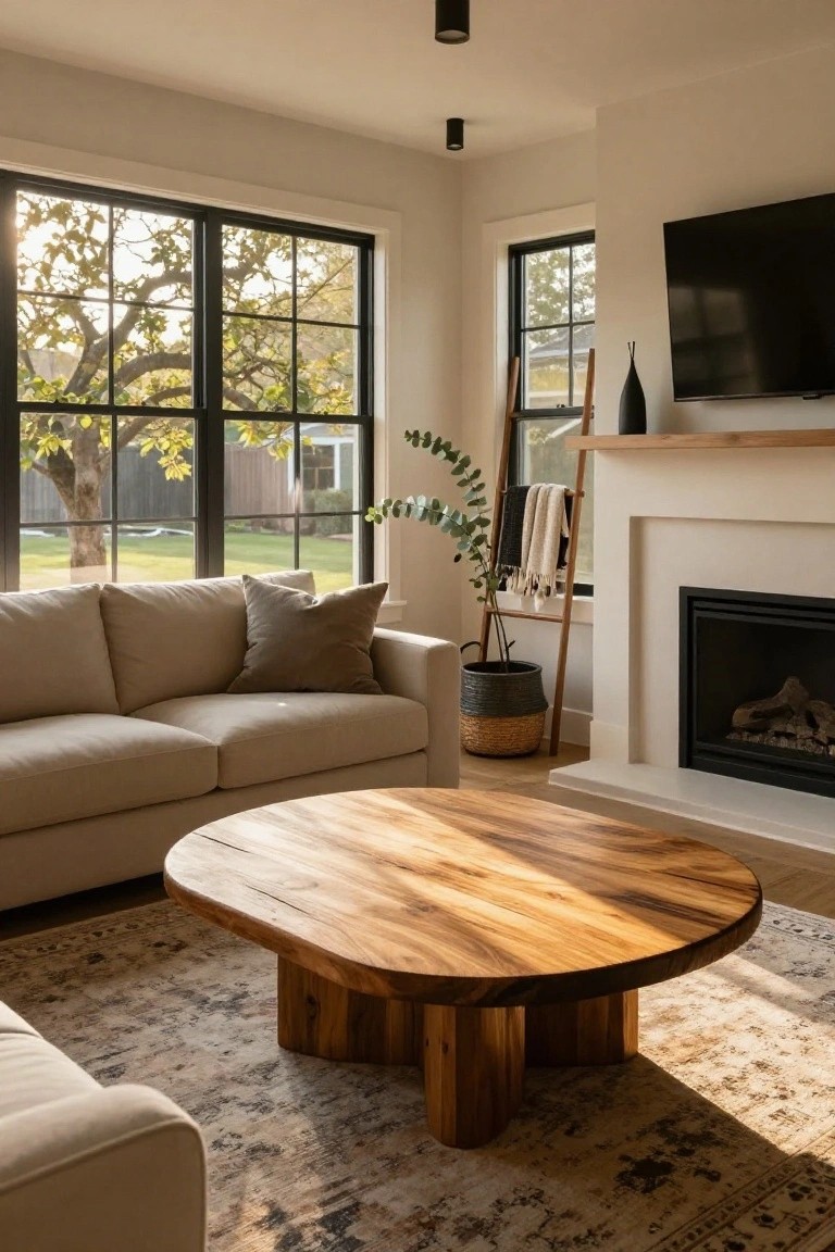 Beige sectional sofa in a bright living room with large rounded wooden coffee table on patterned rug, white fireplace, black-framed windows, ladder shelf, and potted eucalyptus plant.